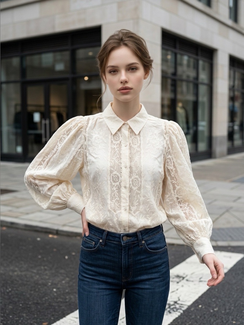 NWT Caroline Constas Ivory Embroidered Lace Blouse Top Size M